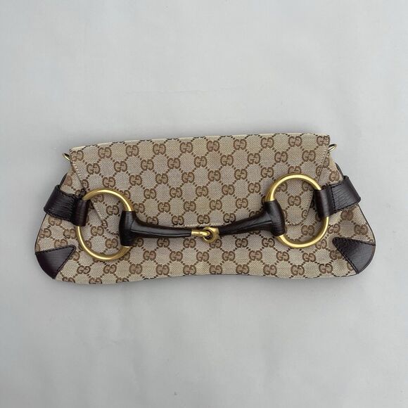 Gucci Handbags - GUCCI Gold Horsebit Monogram Shoulder Bag Hand Bag GG Canvas Brown Clutch